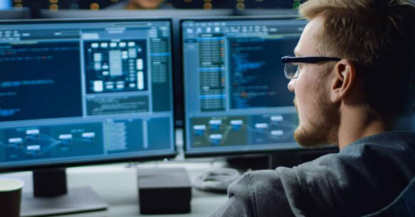 Certified Information Systems Auditor working at a computer in an IT center.