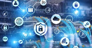 Symbols representing cybersecurity and cloud computing float on a background of servers.