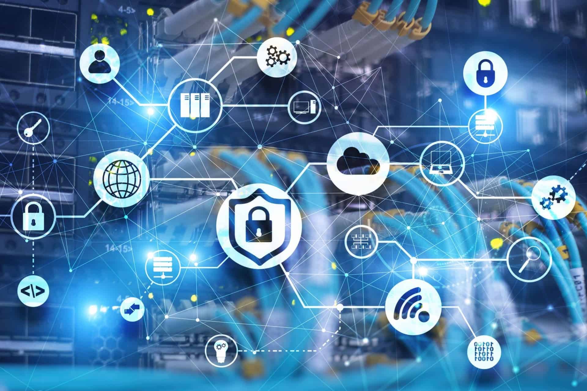Symbols representing cybersecurity and cloud computing float on a background of servers.