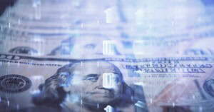 Double exposure image showing money and computer data.