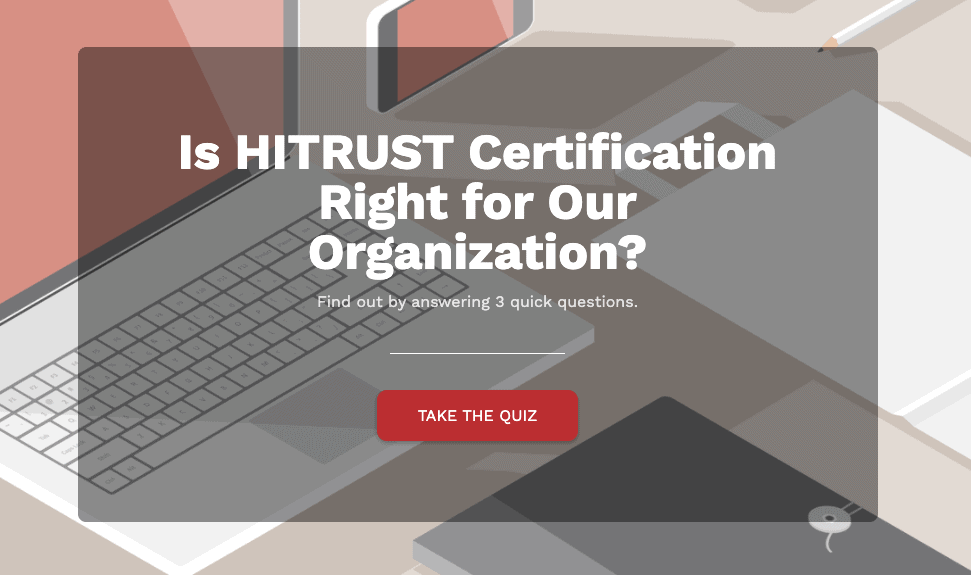 First page of a quiz about HITRUST certification on a background of computer equipment.