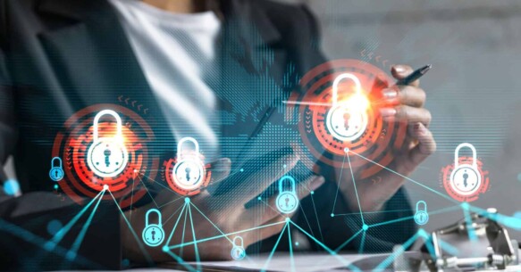 Businesswoman taking notes about network security.