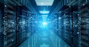 Computer servers superimposed by a digital holagram.