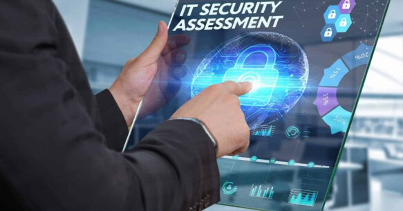 A business man points to a secure lock on a futuristic computer screen.