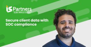 Cover image for a blog post about securing client data with SOC as a service and managed SOC. Image features a picture of the author against a green and white background.