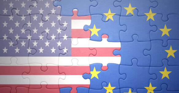 United States and European flags are joined in a puzzle.