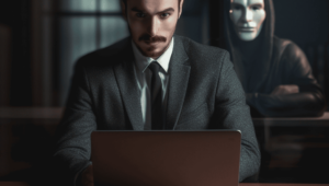 Lawyer working on a computer with a hacker looking over his shoulder