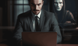 Lawyer working on a computer with a hacker looking over his shoulder