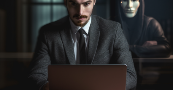 Lawyer working on a computer with a hacker looking over his shoulder