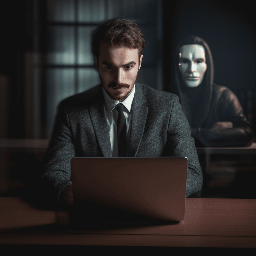 Lawyer working on a computer with a hacker looking over his shoulder