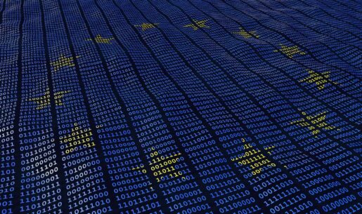 An EU flag superimposed on lines of data.