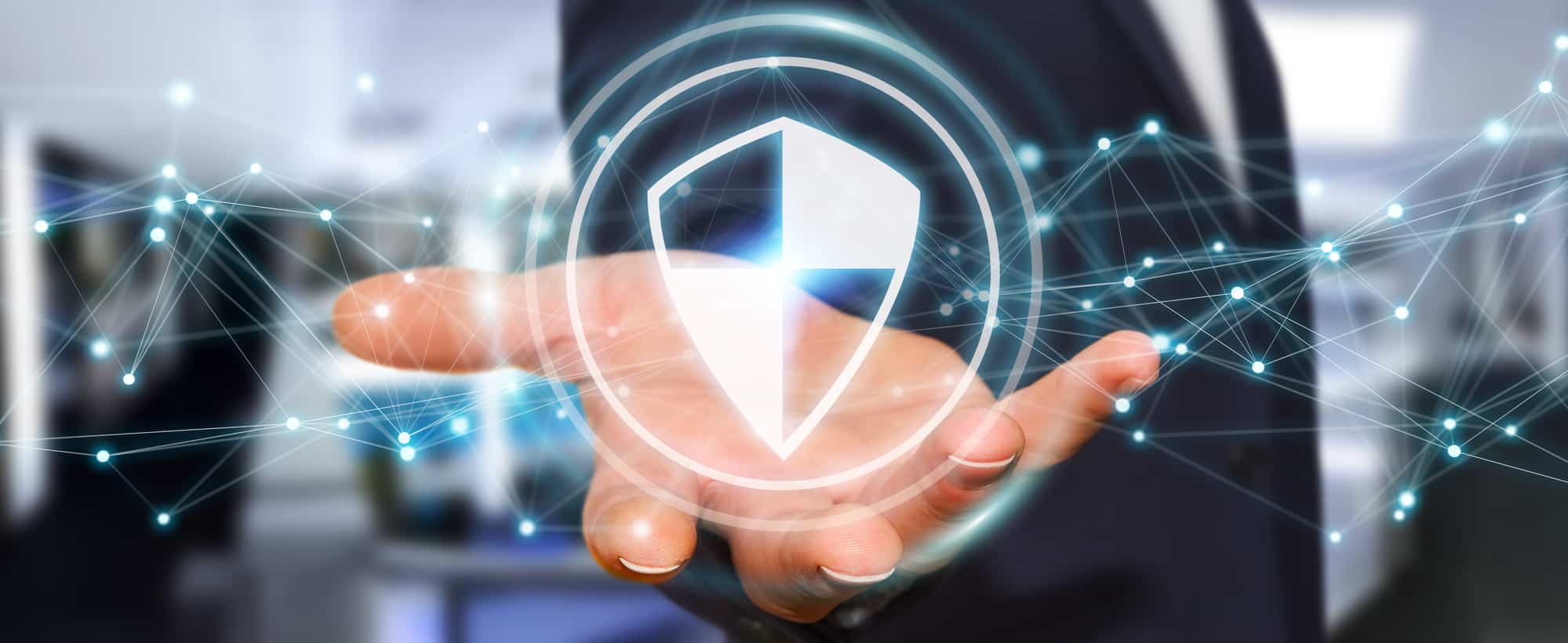 Businessman using shield safe protection with connections 3D ren