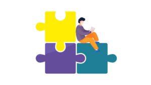 Illustration of business person reads a soc report while sitting on giant puzzle pieces.