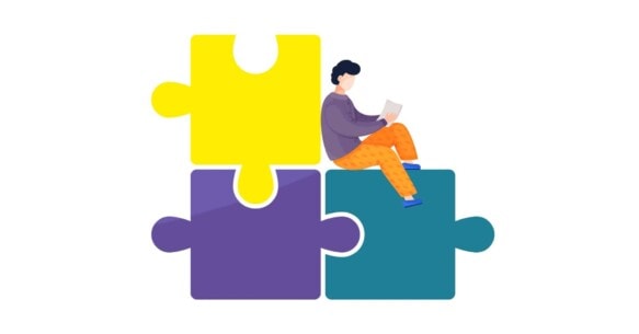Illustration of business person reads a soc report while sitting on giant puzzle pieces.